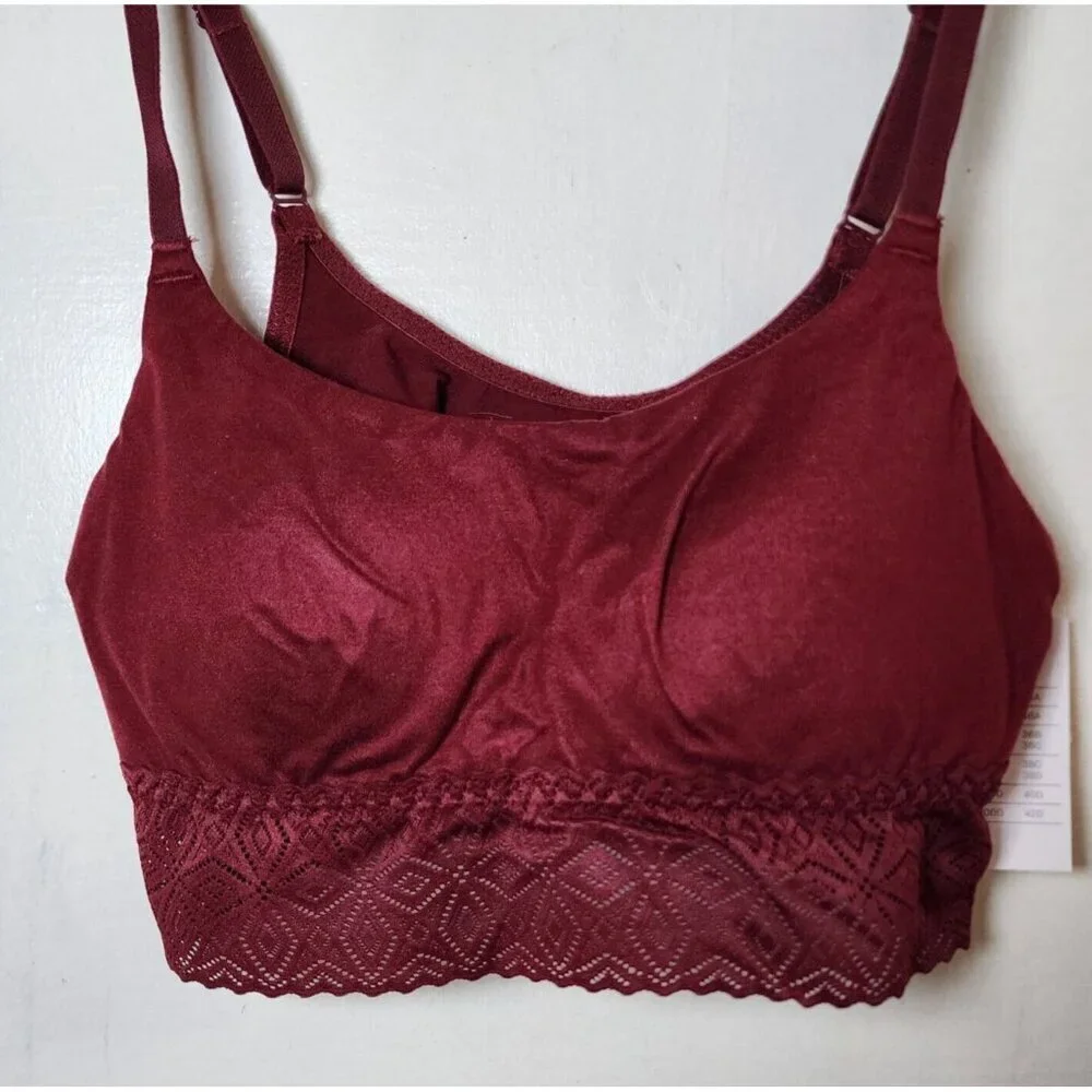New Auden Women's Burgundy Lightly Line Wireless Long Bralette Pullover Size S